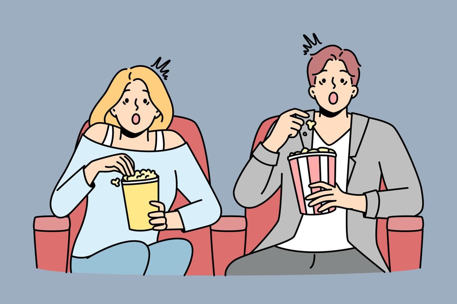 Couple eat popcorn enjoy movie in cinema. Emotional man and woman feel stunned with film in theater. Entertainment and weekend. Vector illustration.