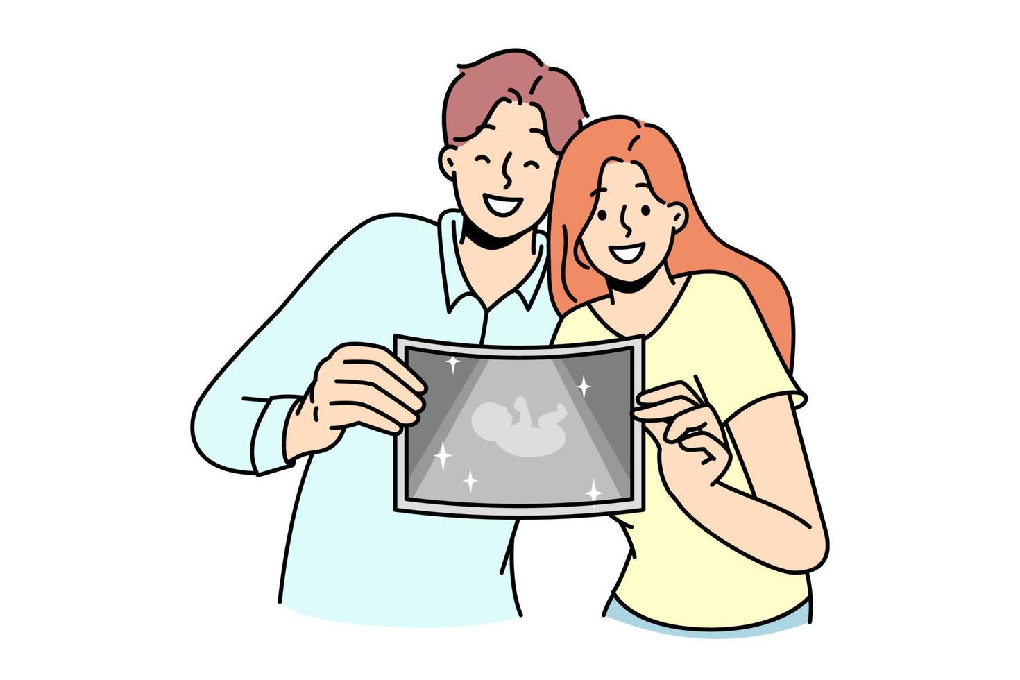 Happy couple showing picture of embryo. Smiling man and woman demonstrate ultrasound of baby excited with pregnancy and parenthood. Vector illustration.