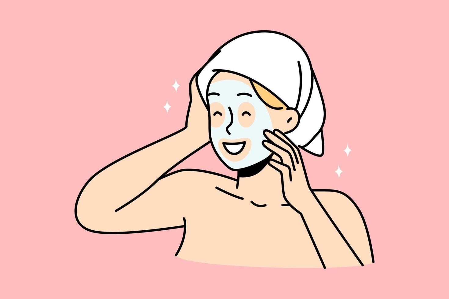 Happy young woman in towel on head and facial mask enjoy beauty procedure. Smiling girl have face skincare routine at home on spa day. Vector illustration.