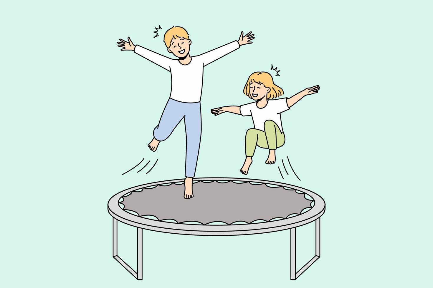 Overjoyed small kids have fun jumping on trampoline outdoors. Smiling little children enjoy playing outside involved in funny playful game. Childhood leisure. Vector illustration.