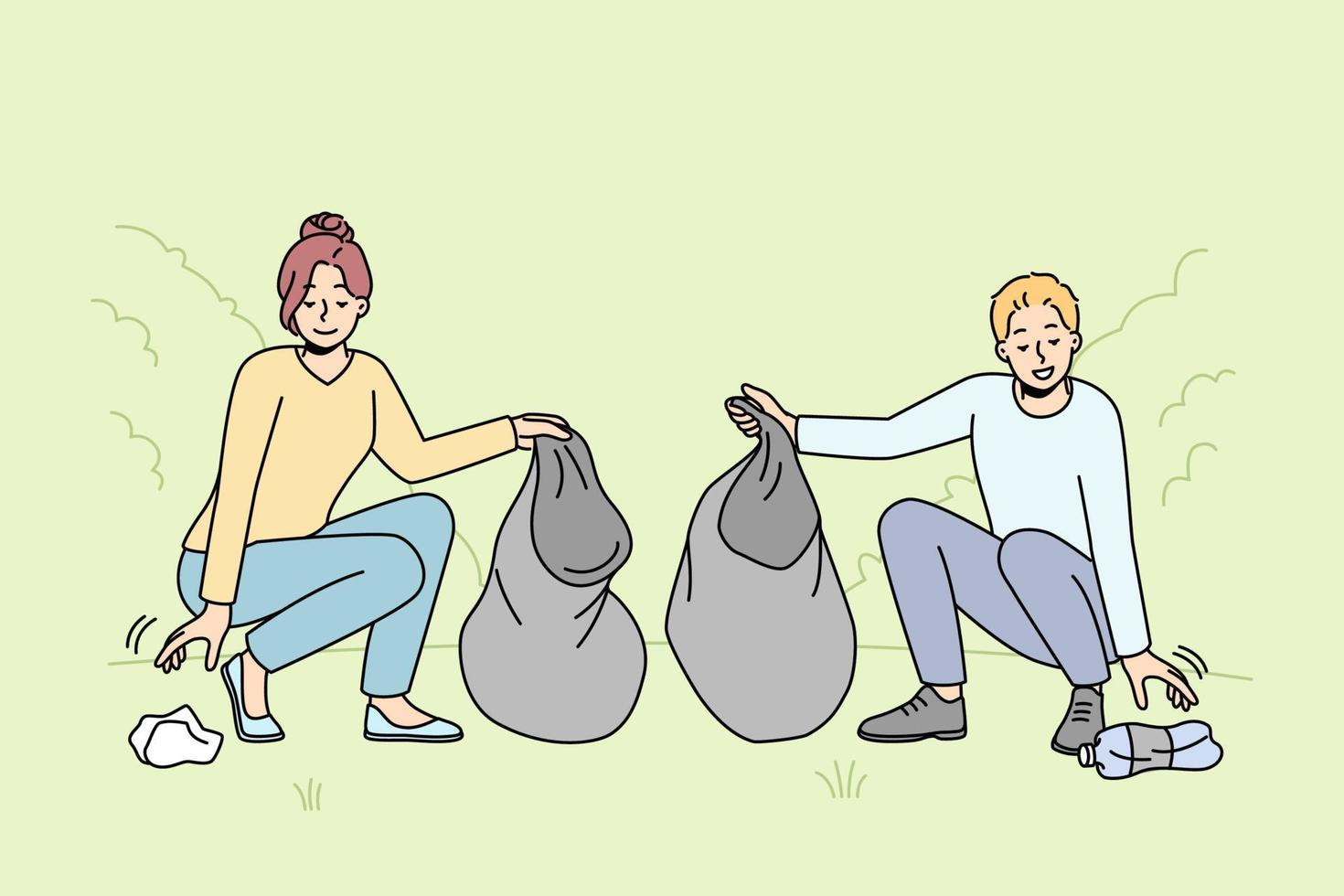 Man and woman pick up trash on street care about nature and environment. Couple volunteers or activist clean outdoors from garbage. Environmental conservation. Vector illustration.