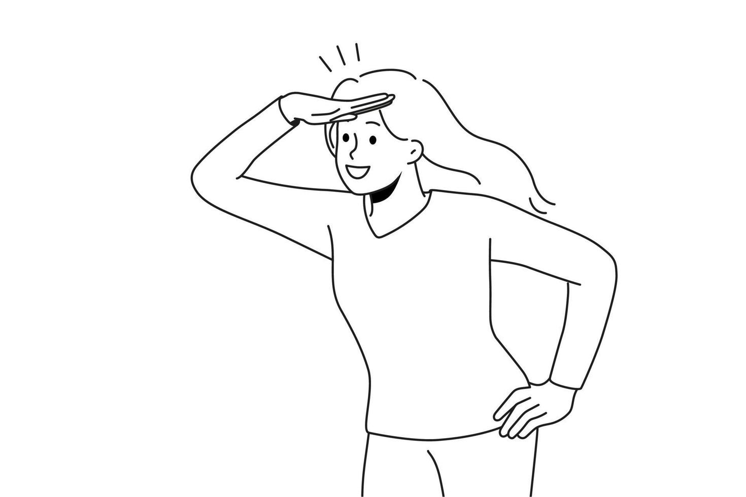 Smiling woman looking in bright future waiting for perspectives. Happy businesswoman excited about new career opportunities and possibilities. Vector illustrations.