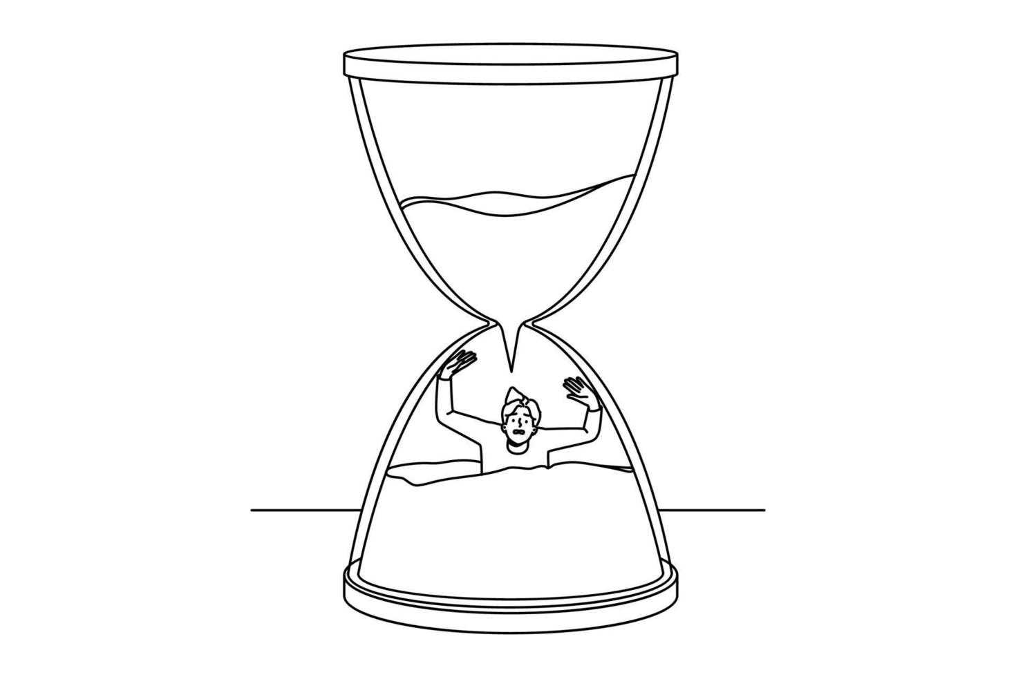 Stressed man sinking in sandglass losing time. Male in despair in hourglass miss deadline. Time organization and schedule. Vector illustration.