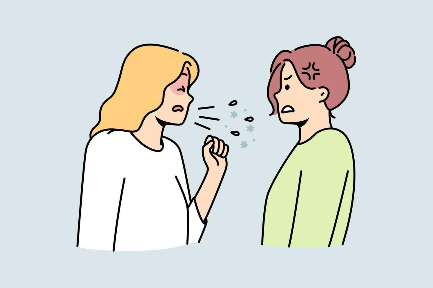 Unhealthy woman cough share disease to friend or colleague. Sick unwell female suffer from covid or cold infect girl standing near. Contagious sickness. Vector illustration.