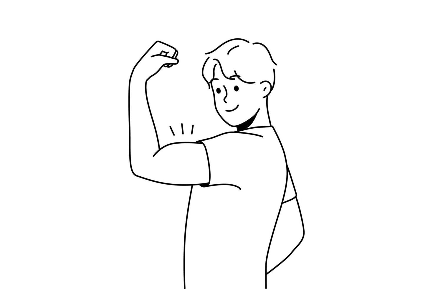 Smiling young man showing muscles. Happy healthy guy demonstrate muscular toned body. Sport and physical activity. Vector illustration.