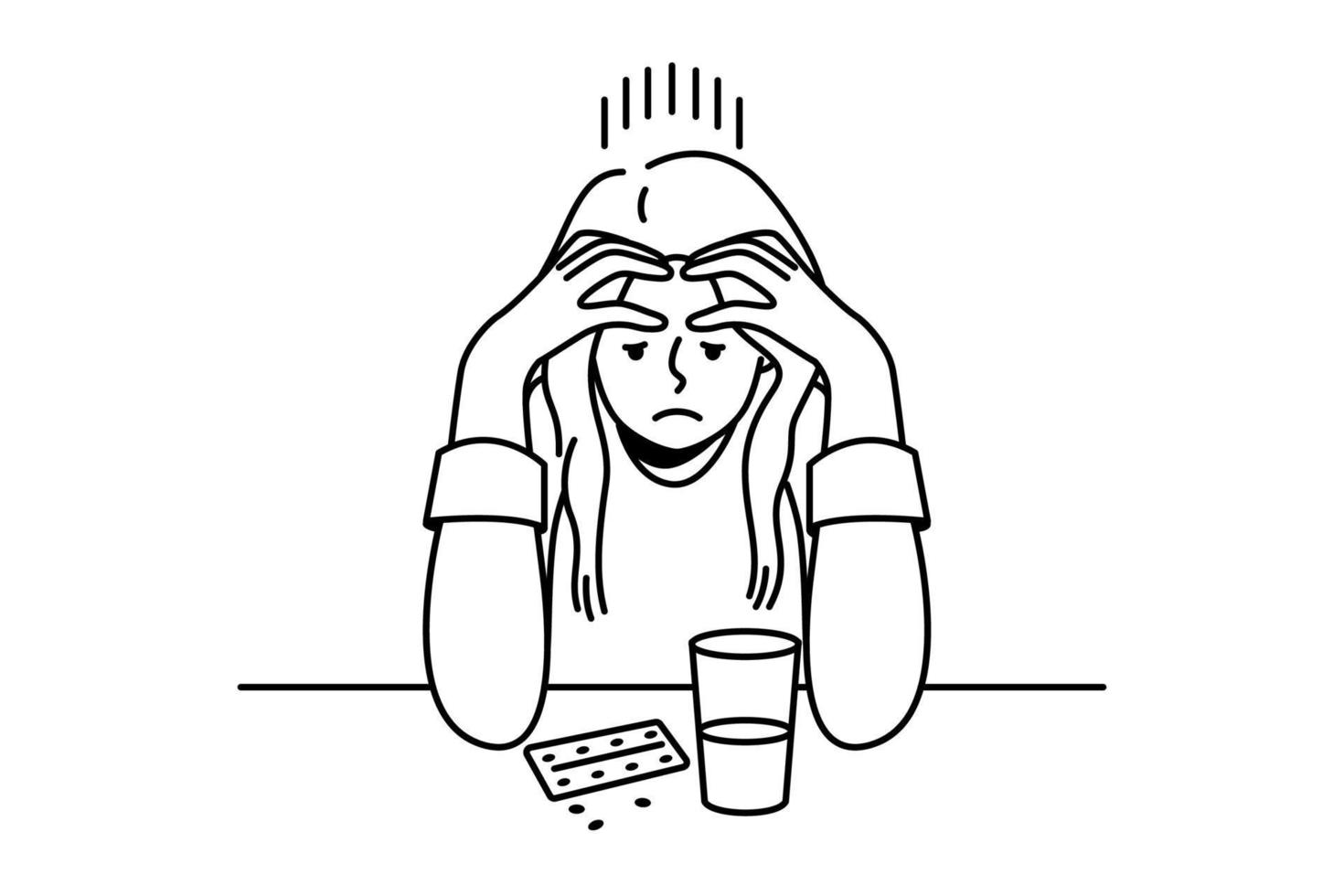 Frustrated young woman sit at desk thinking of taking pills. Unhappy confused female doubt about medication getting. Medicine and healthcare problem. Vector illustration.