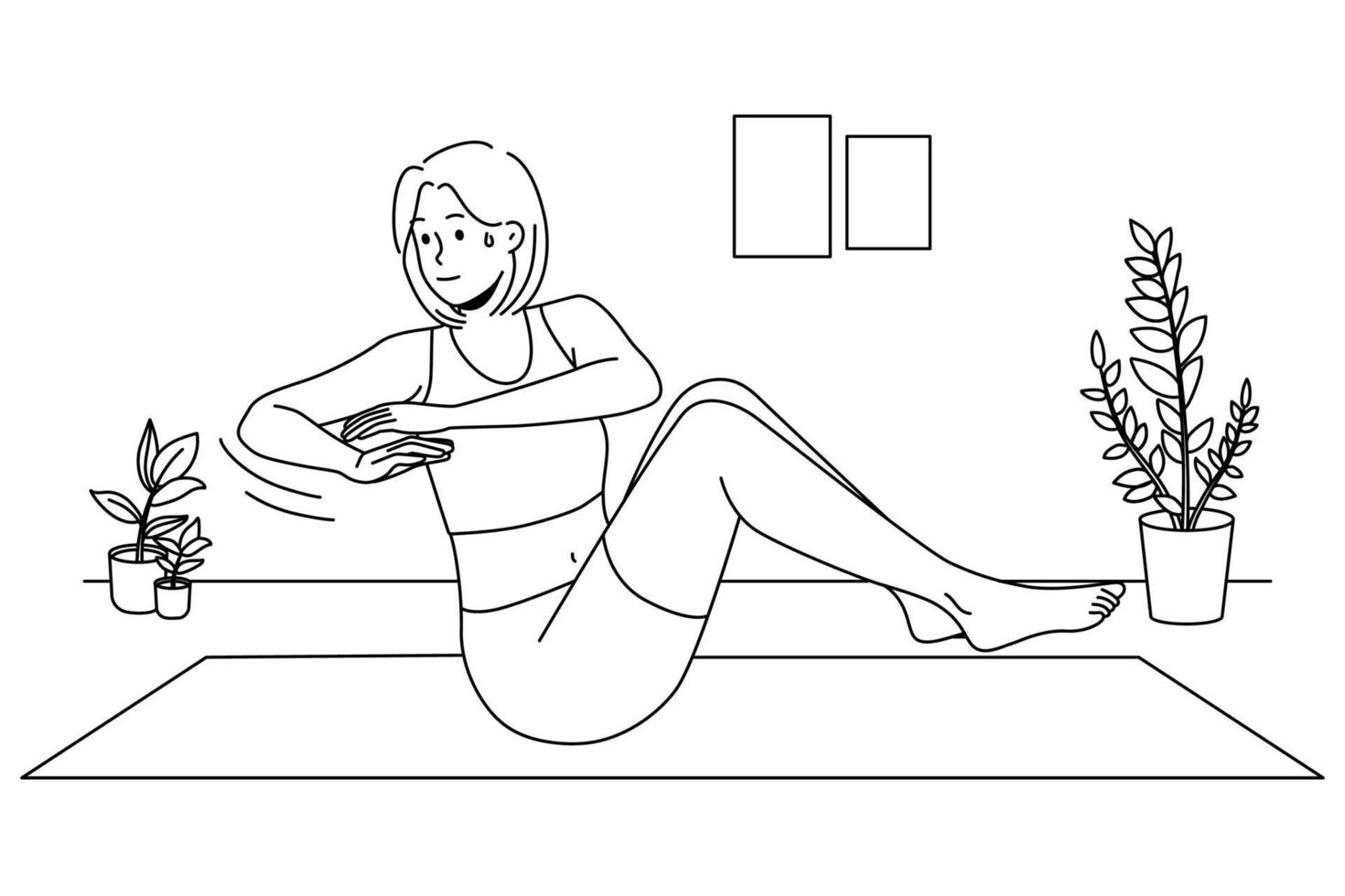 Young woman sweating doing exercises training on mat at home. Sportive motivated girl do sport workout indoors. Physical activity. Vector Illustration.