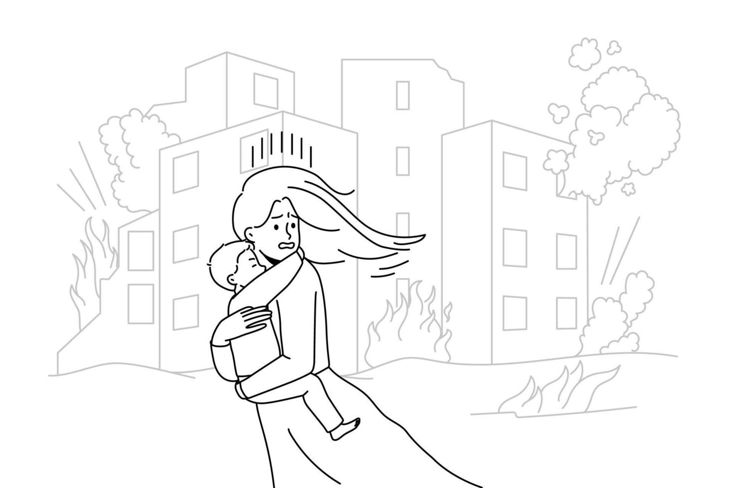 Scared young woman with child in hands running from bombs in city. Terrified mother with kid escape burning house on fire. Vector illustration.