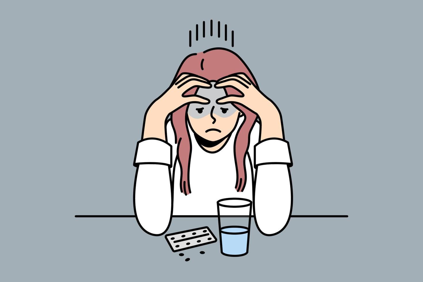 Frustrated young woman sit at desk thinking of taking pills. Unhappy confused female doubt about medication getting. Medicine and healthcare problem. Vector illustration.
