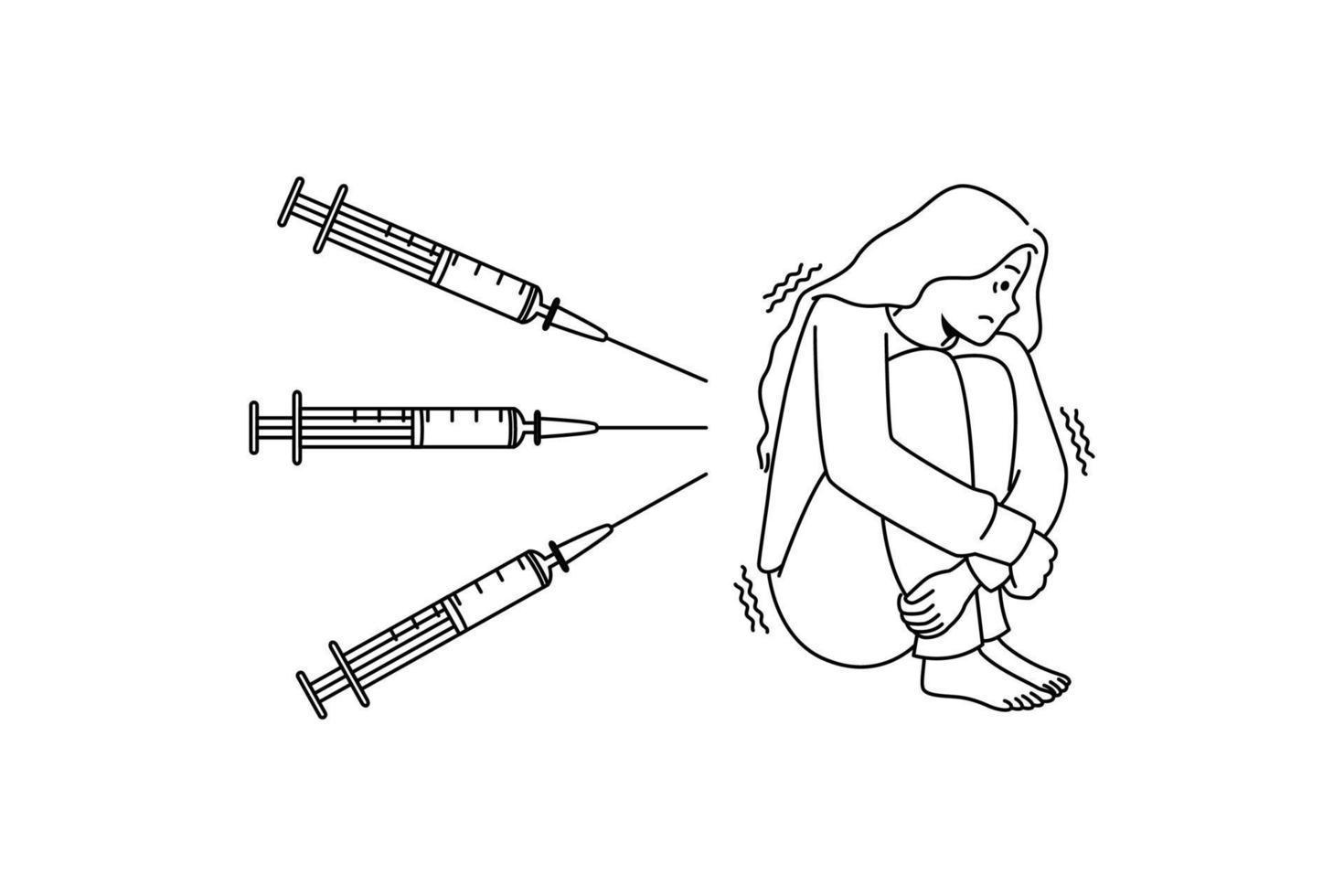 Unhappy scared woman feeling terrified with injections. Unwell anxious girl scared frightened with needles and syringes. Vaccination fear. Vector illustration.