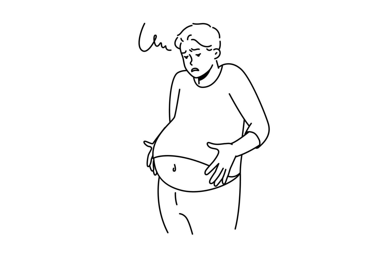 Unwell man suffer from indigestion. Unhealthy male struggle with stomach flatulence. Healthcare and bowel problem. Vector illustration.