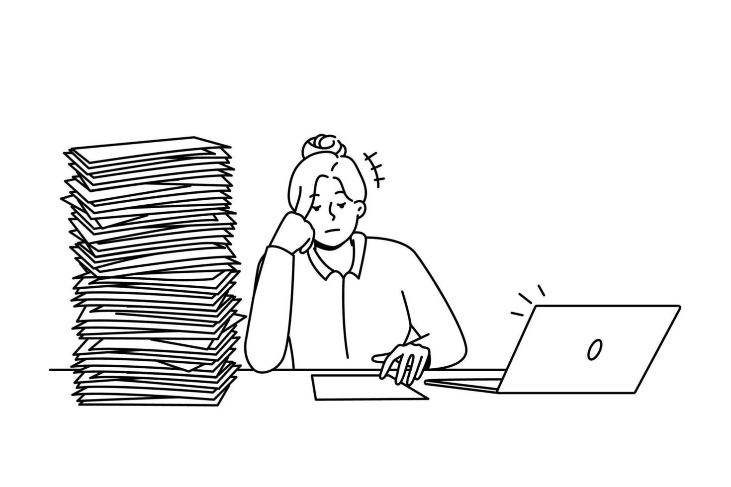 Tired unmotivated businesswoman sit at desk with pile of paperwork. Exhausted female employee overwhelmed with paper documents. Job burnout. Vector illustration.