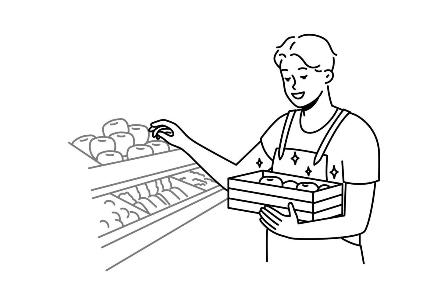 hombre en uniforme trabajando en supermercado. empleado masculino