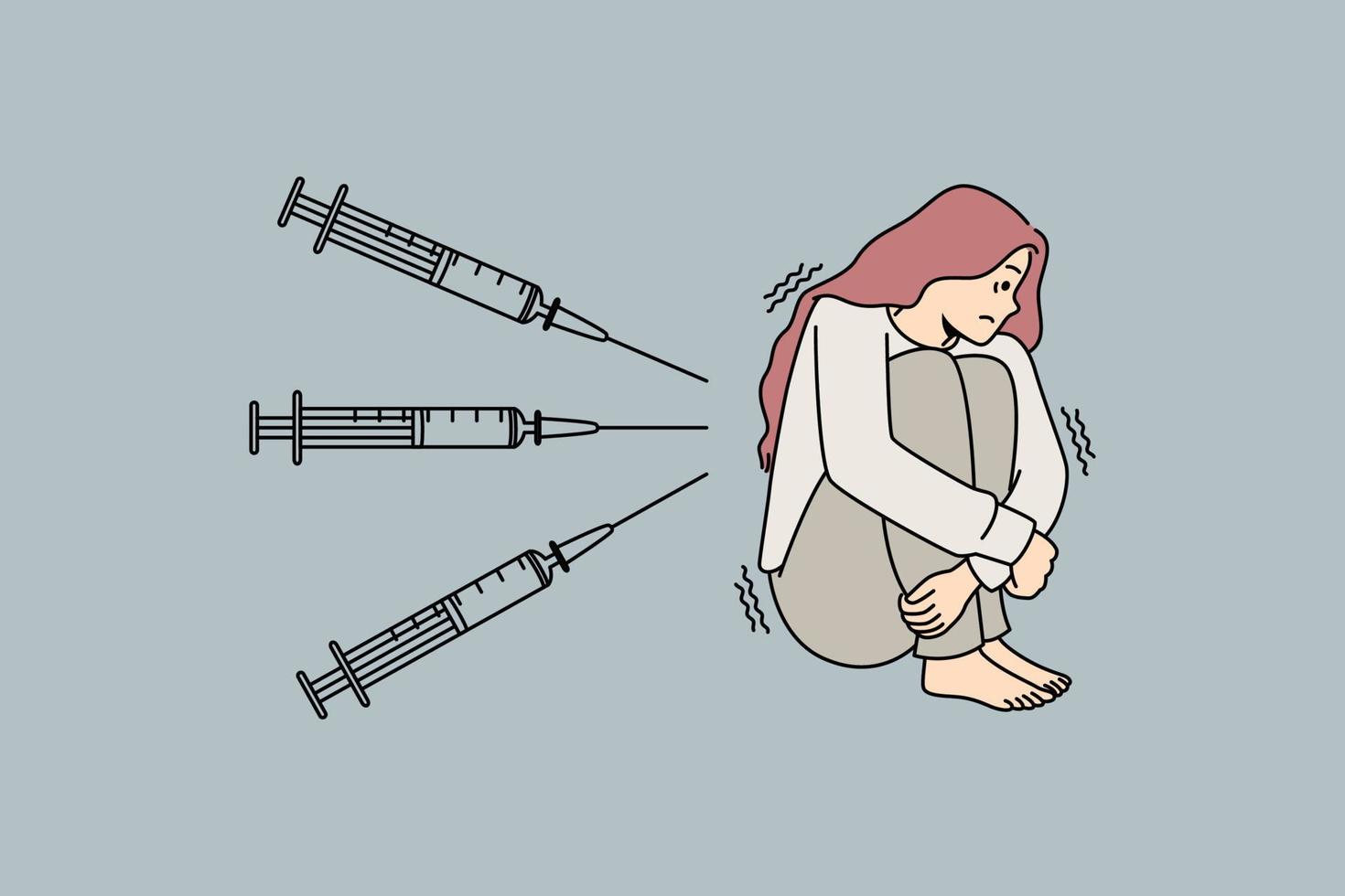 Unhappy scared woman feeling terrified with injections. Unwell anxious girl scared frightened with needles and syringes. Vaccination fear. Vector illustration.