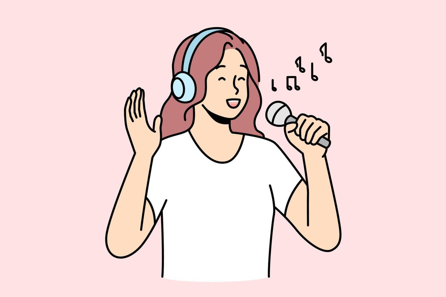 Happy woman in headphones and microphones singing. Smiling girl have fun enjoy karaoke entertainment with mic and earphones. Hobby and music. Vector illustration.