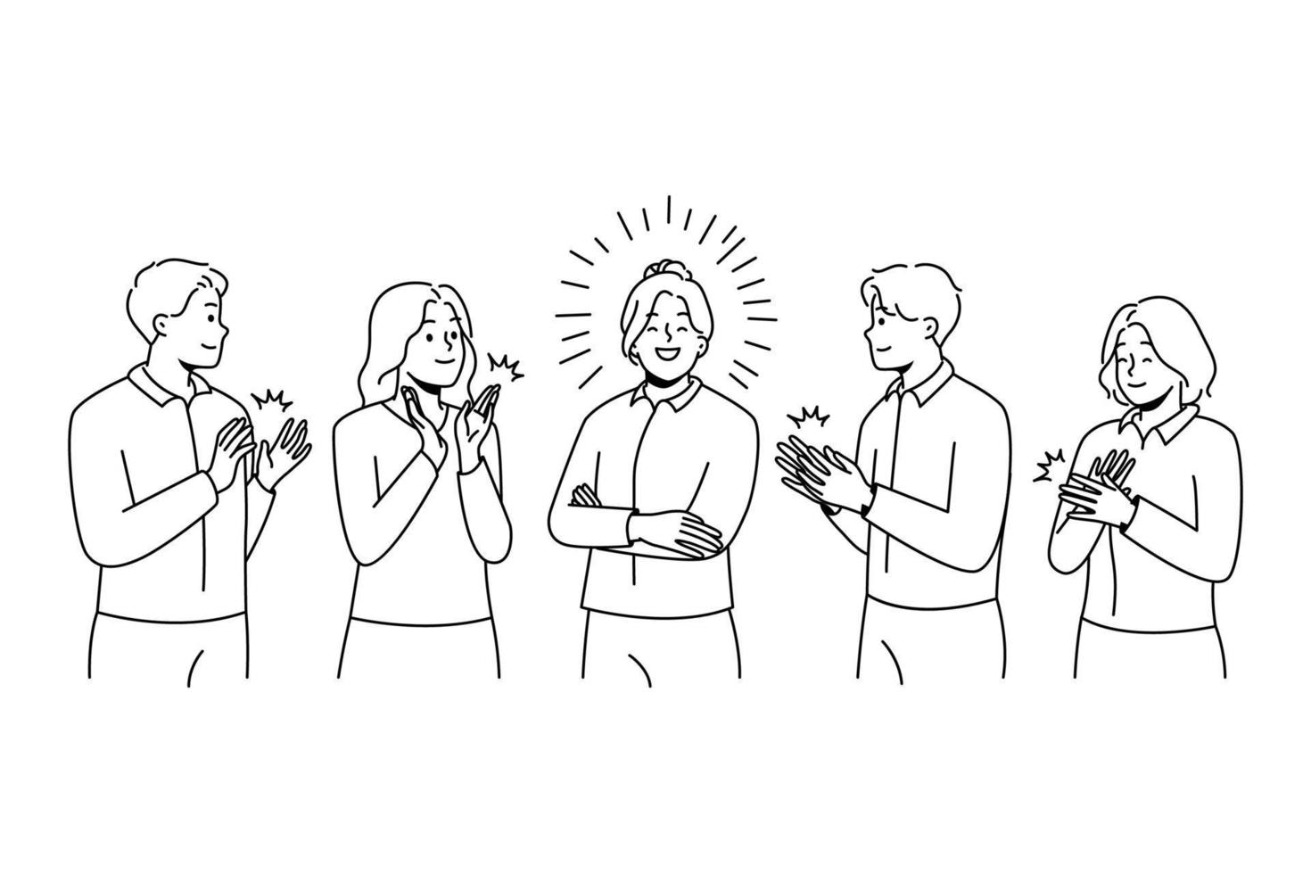 Happy colleague applaud greeting successful businesswoman with personal work achievement. Smiling employees clap hands show acknowledgement to female leader. Vector illustration.