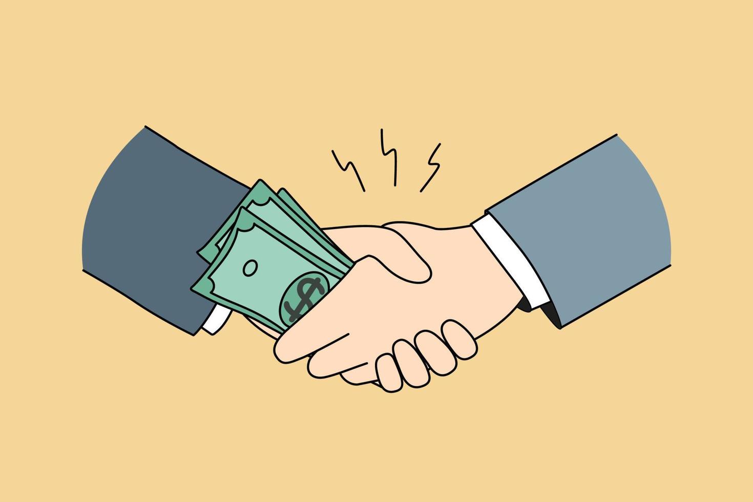 Businessmen shaking hands giving money bribe. Close-up of male business partners handshake closing deal. Financial bribery concept. Vector illustration.