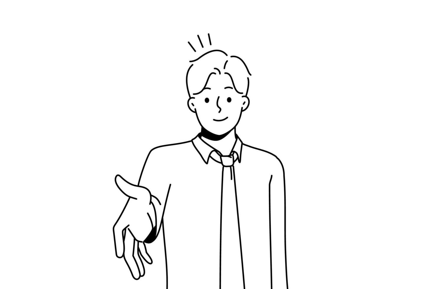 un joven empresario sonriente estira la mano para un apretón de manos con un cliente comercial o un socio. cliente de apretón de manos de empleado masculino. saludo o conocido. ilustración vectorial vector