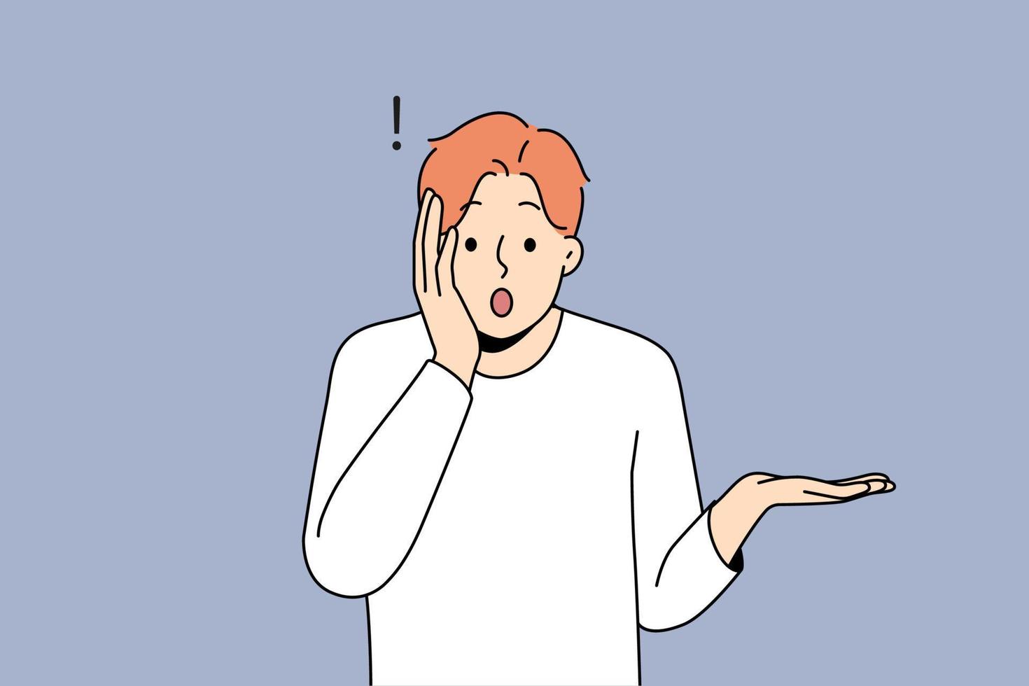 Stunned young man feel shocked by unbelievable news. Amazed male surprised by unexpected information or data. Vector illustration.