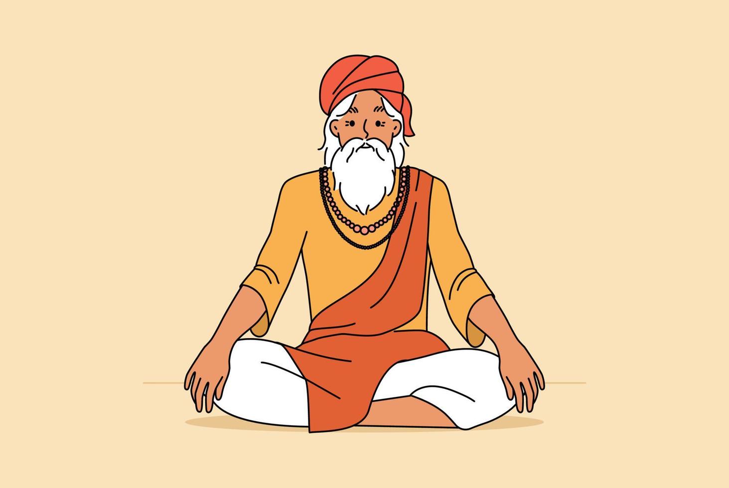 Old man in traditional clothes sitting in lotus position meditating. Elderly male yogi practice yoga. Culture and tradition. Vector illustration.