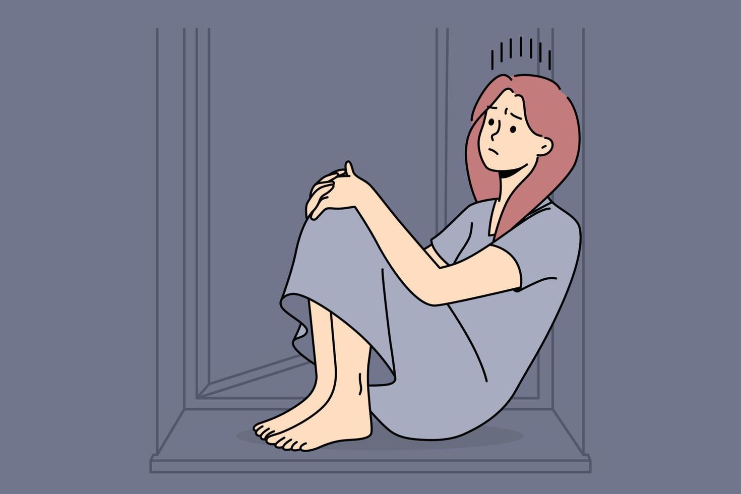 Unhappy woman sit on windowsill suffer from loneliness or solitude. Upset sad girl struggle with depression or mental psychological problems. Vector illustration.