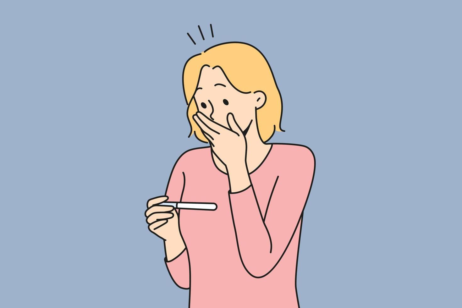 mujer atónita mirando la prueba para saber sobre el embarazo. mujer sorprendida conmocionada con la noticia del embarazo. ilustración vectorial vector