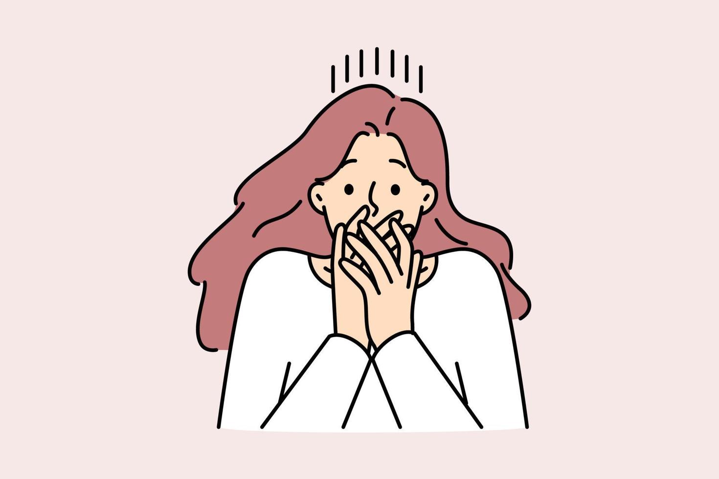 Woman shut mouth frustrated with fear or shock. Stunned female surprised by unbelievable news. Vector illustration.