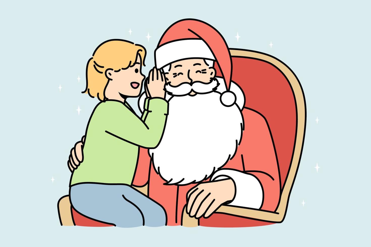 Cute child whisper in Santa Claus ear sitting on laps. Small girl kid telling wishes to father Christmas. Winter holiday. New Year and Christmas. Vector illustration.