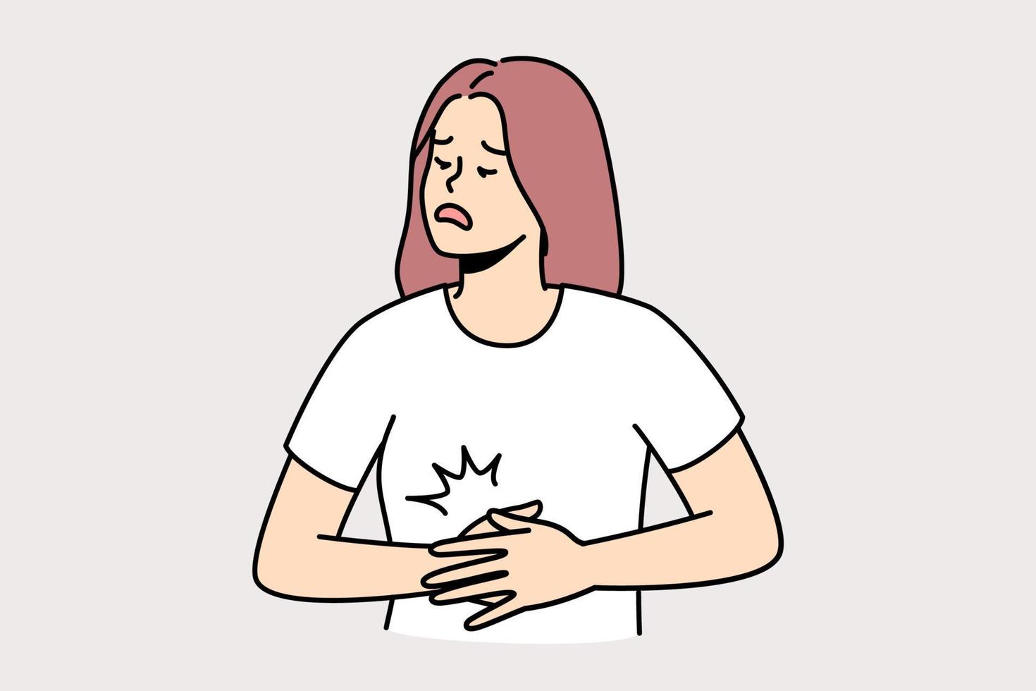 Unhealthy young woman suffer from acute stomachache. Unwell female struggle with belly pain or spasm. Healthcare. Vector illustration.