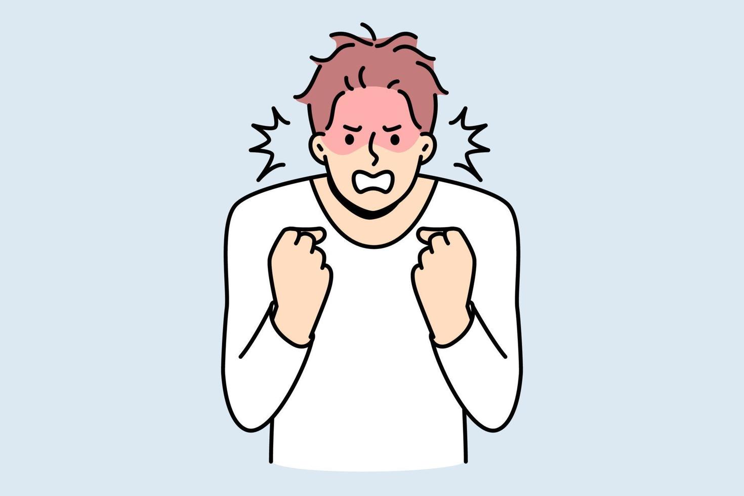 Furious young man clench fists struggle with madness or panic. Angry male feeling emotional and enraged. Rage and emotion control. Vector illustration.