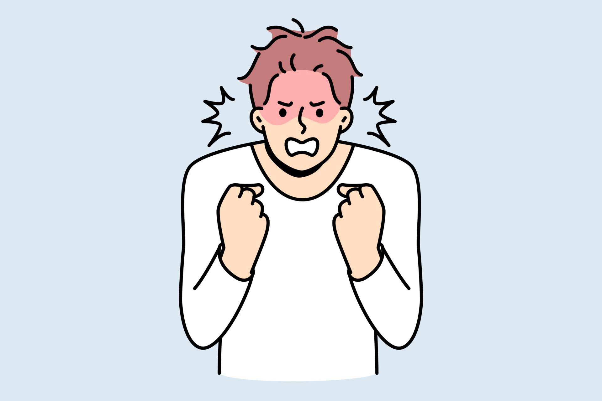 Furious young man clench fists struggle with madness or panic. Angry