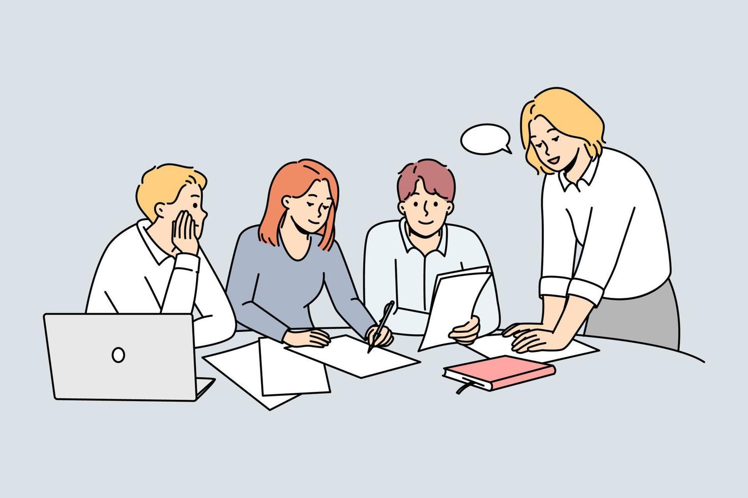 Diverse businesspeople sit at desk in office discuss paperwork at meeting together. Employees brainstorm engaged in teamwork at workplace. Vector illustration.