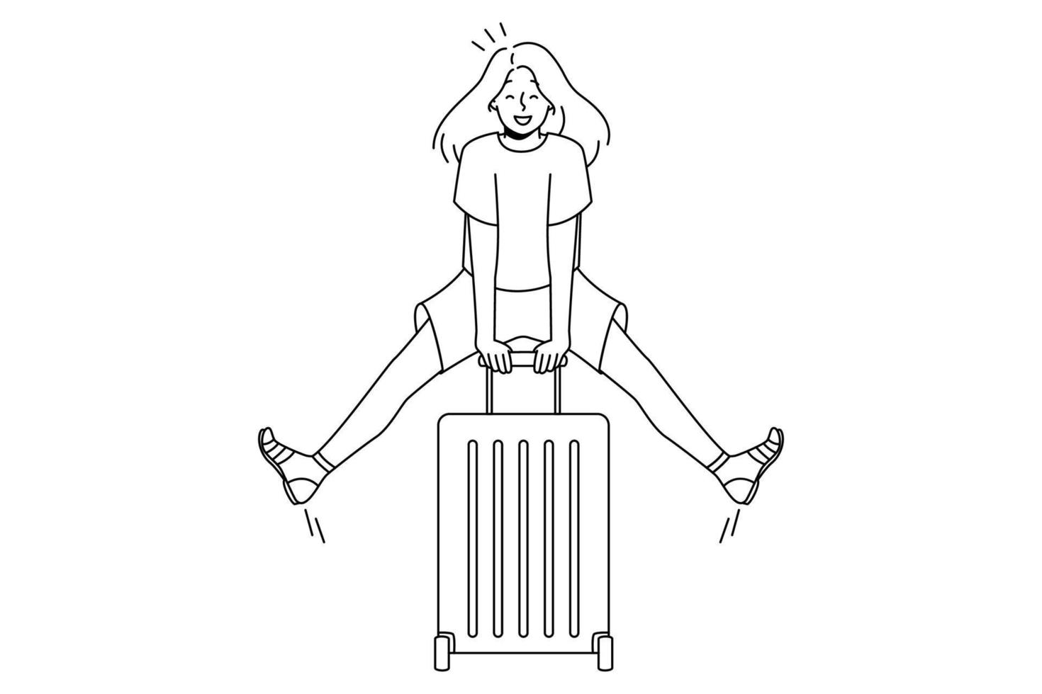 Excited young woman with suitcase feeling joyful with summer vacation. Smiling girl ready for summertime holidays. Vector illustration.