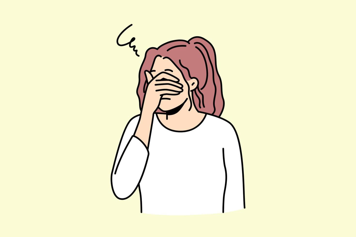 Unhappy young woman cover eyes feel depressed suffer from repetitive thoughts or overthinking. Upset girl struggle with mental or psychological problems. Vector illustration.