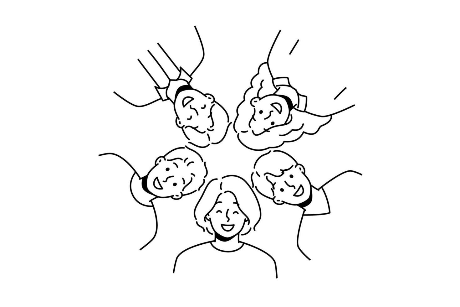 Portrait of smiling diverse friends posing together in circle. Group picture of happy multiracial people show unity and friendship. Vector illustration.