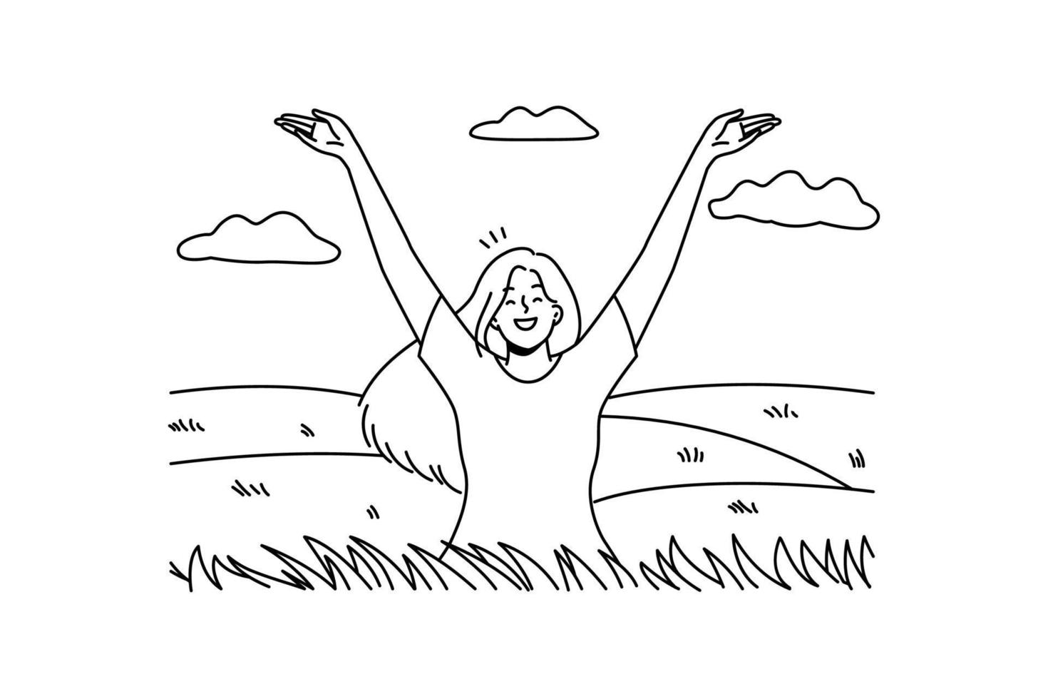 joven feliz en el campo sintiéndose alegre y optimista. niña sonriente relajarse en el prado de verano disfrutar de la salud mental y el optimismo. ilustración vectorial vector