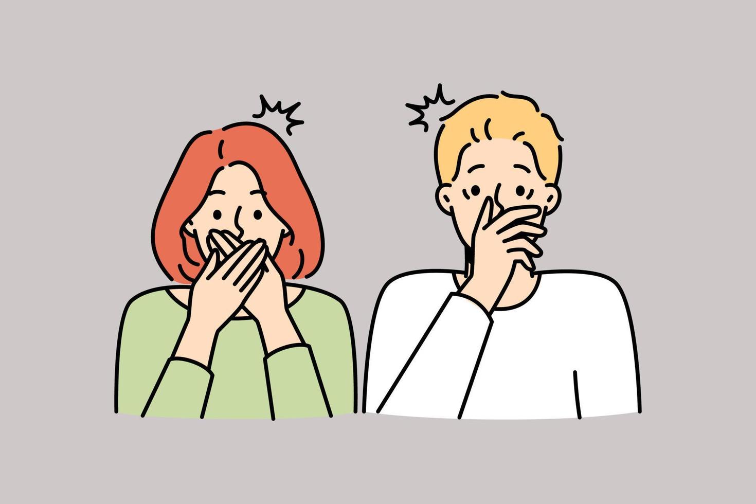 una pareja sorprendida se cubre la boca aturdida por noticias increíbles. hombre y mujer asombrados sorprendidos por un mensaje inesperado. ilustración vectorial vector