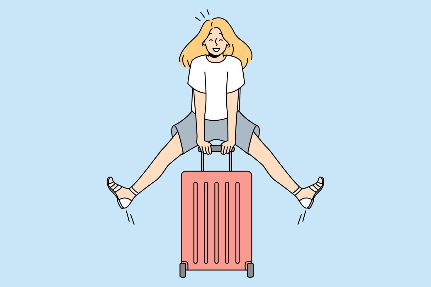 Excited young woman with suitcase feeling joyful with summer vacation. Smiling girl ready for summertime holidays. Vector illustration.