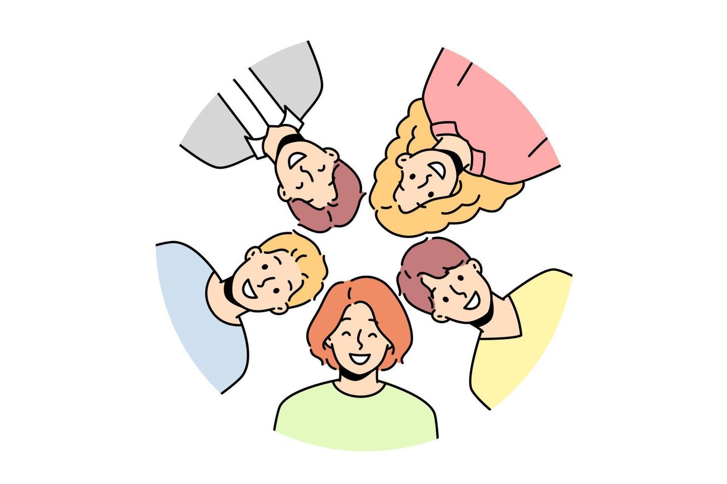 Portrait of smiling diverse friends posing together in circle. Group picture of happy multiracial people show unity and friendship. Vector illustration.