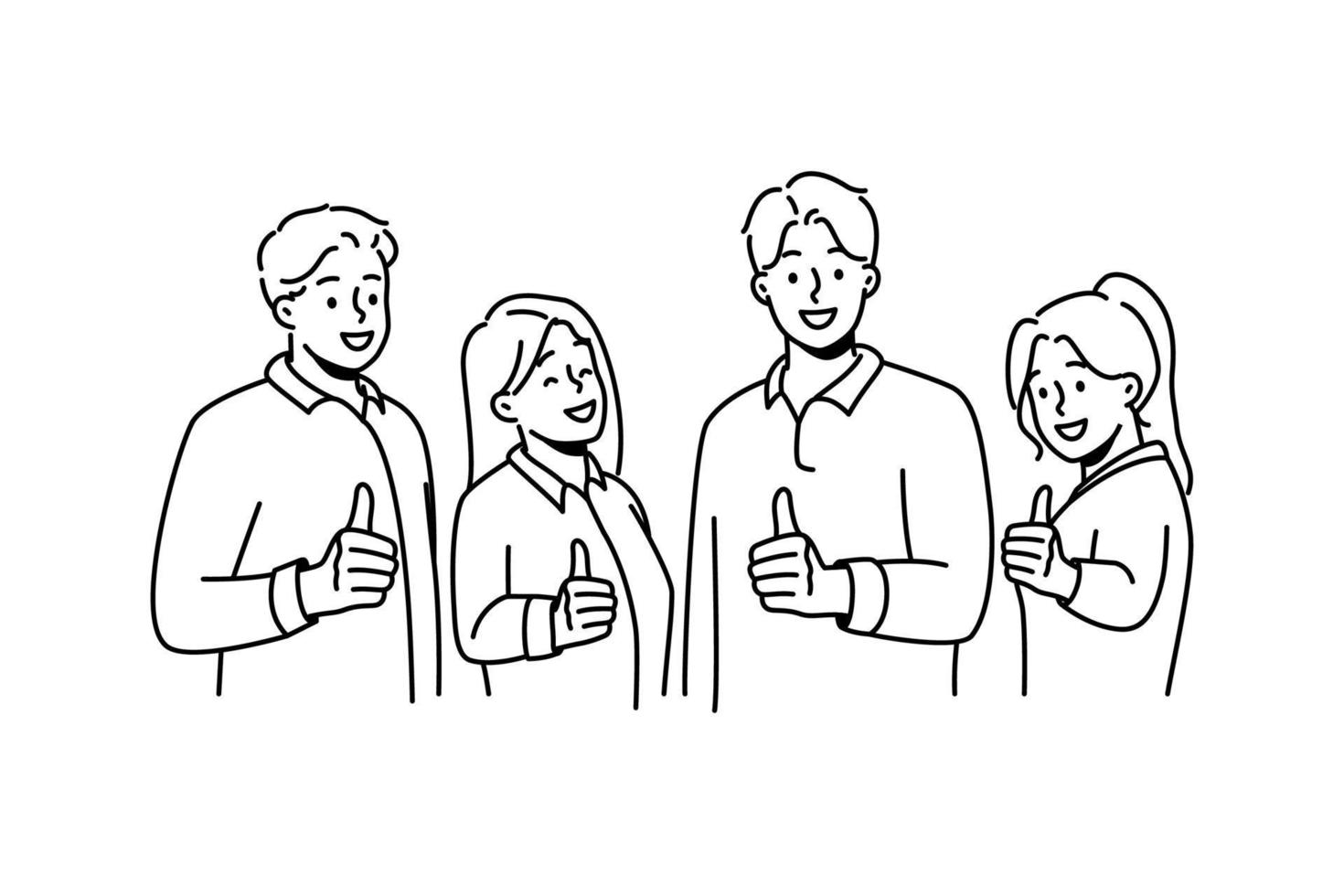 Smiling people showing thumbs up give recommendation to service. Happy team recommend good quality course or work. Employment concept. Vector illustration.
