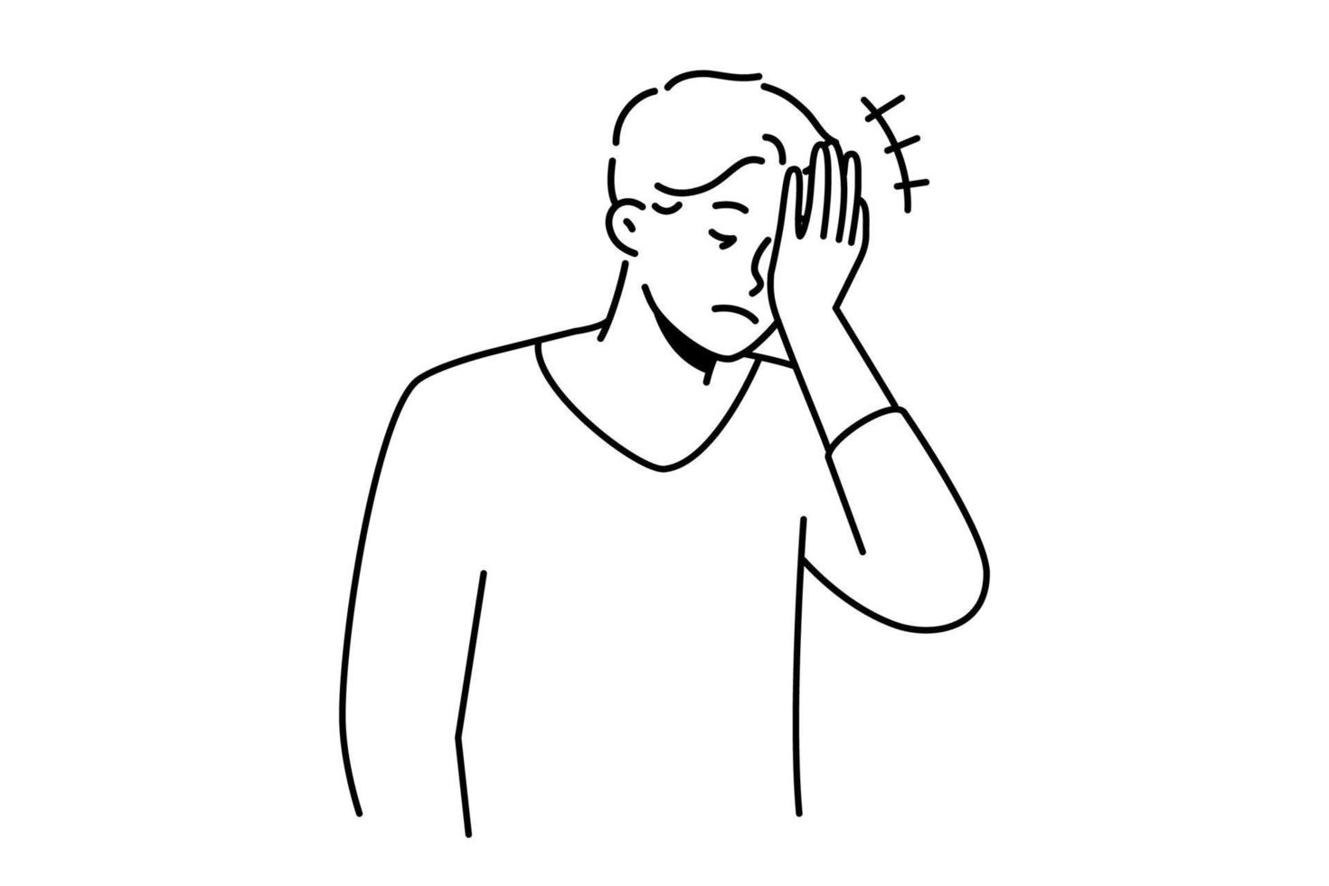 Frustrated man making face palm gesture feeling embarrassed. Anxious male remember things feel stressed or confused. Vector illustration.