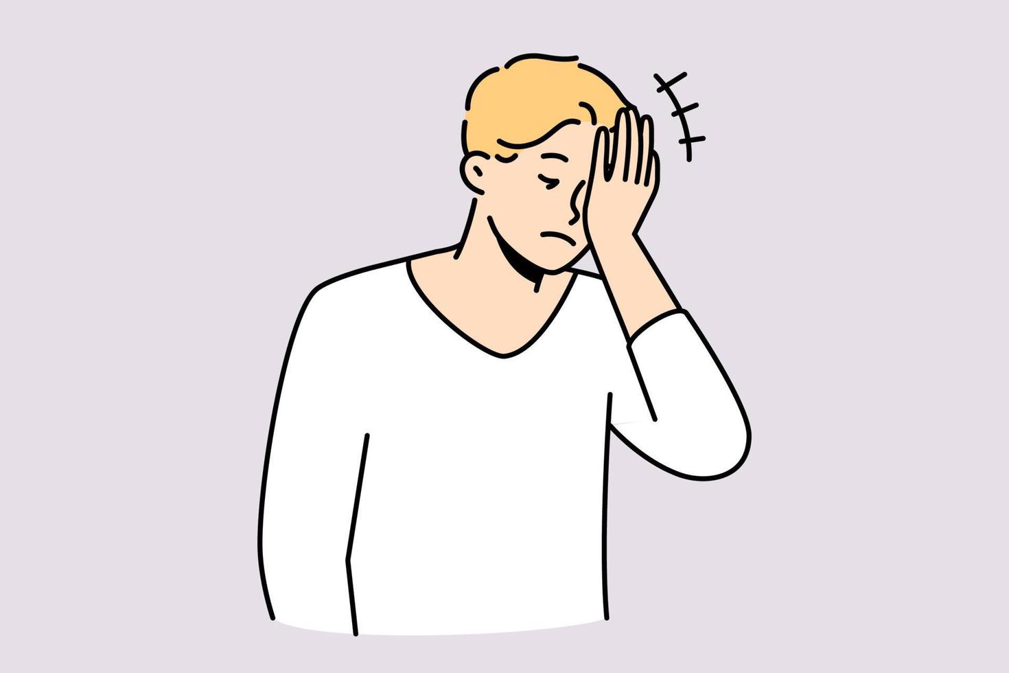 Frustrated man making face palm gesture feeling embarrassed. Anxious male remember things feel stressed or confused. Vector illustration.