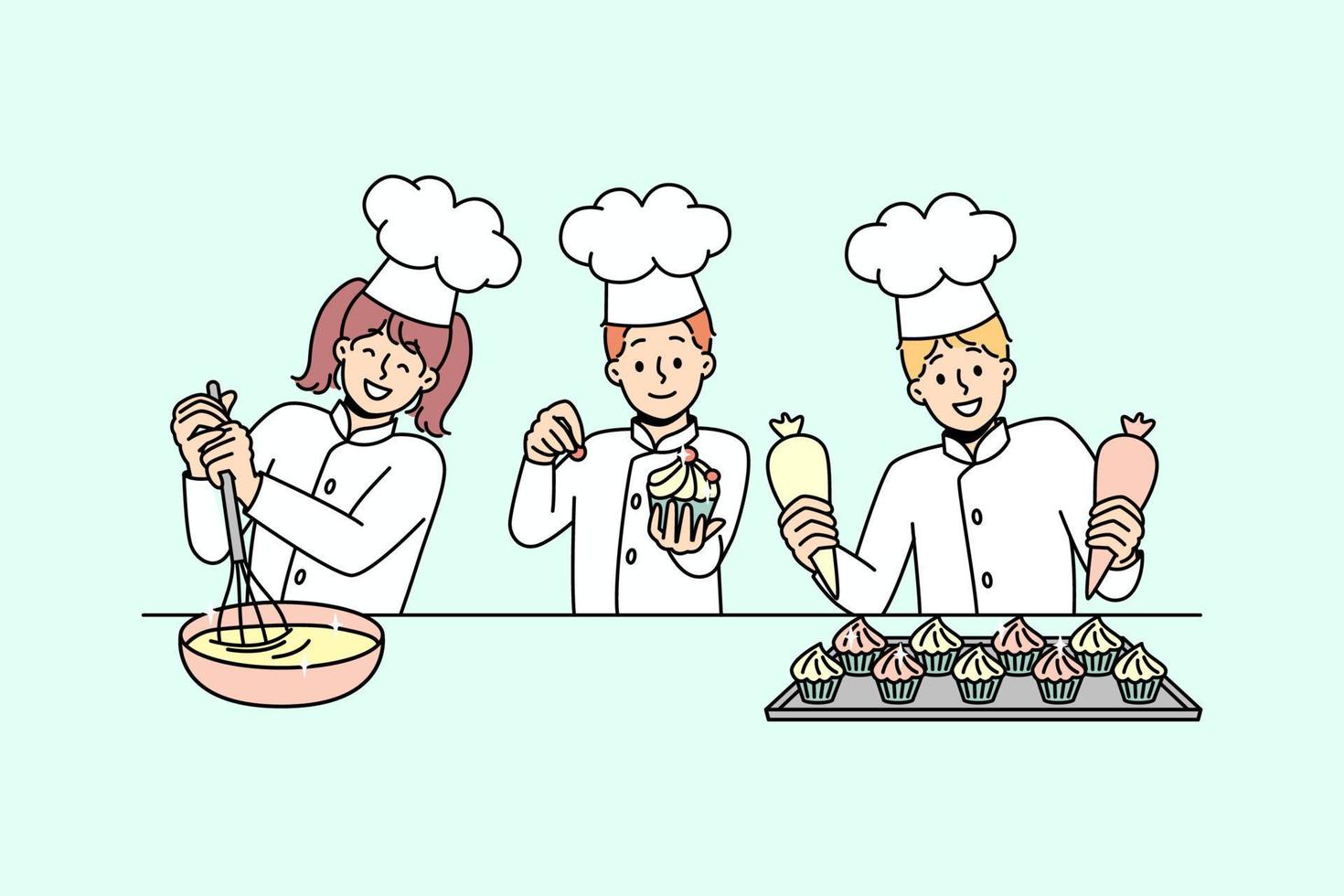 los niños pequeños se divierten horneando juntos. niños pequeños sonrientes con uniformes cocinando preparando postres en la cocina. taller o futura profesión. ilustración vectorial vector