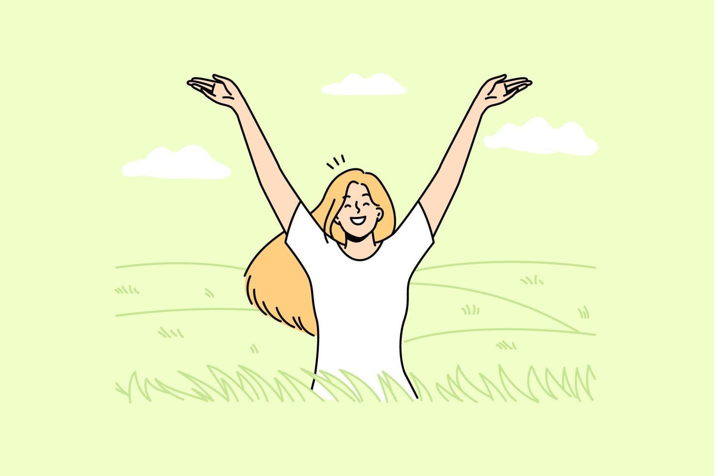 Overjoyed young woman in field feeling joyful and optimistic. Smiling girl relax in summer meadow enjoy mental health and optimism. Vector illustration.