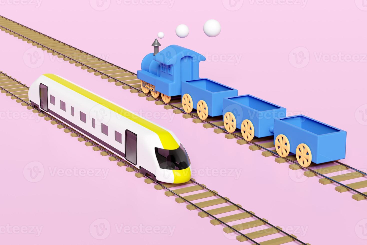 Locomotora 3d, tren bala con vías férreas, juguete de transporte de tren de vapor, planificación de tren turístico aislado en fondo rosa. Ilustración de procesamiento 3D, trazado de recorte foto