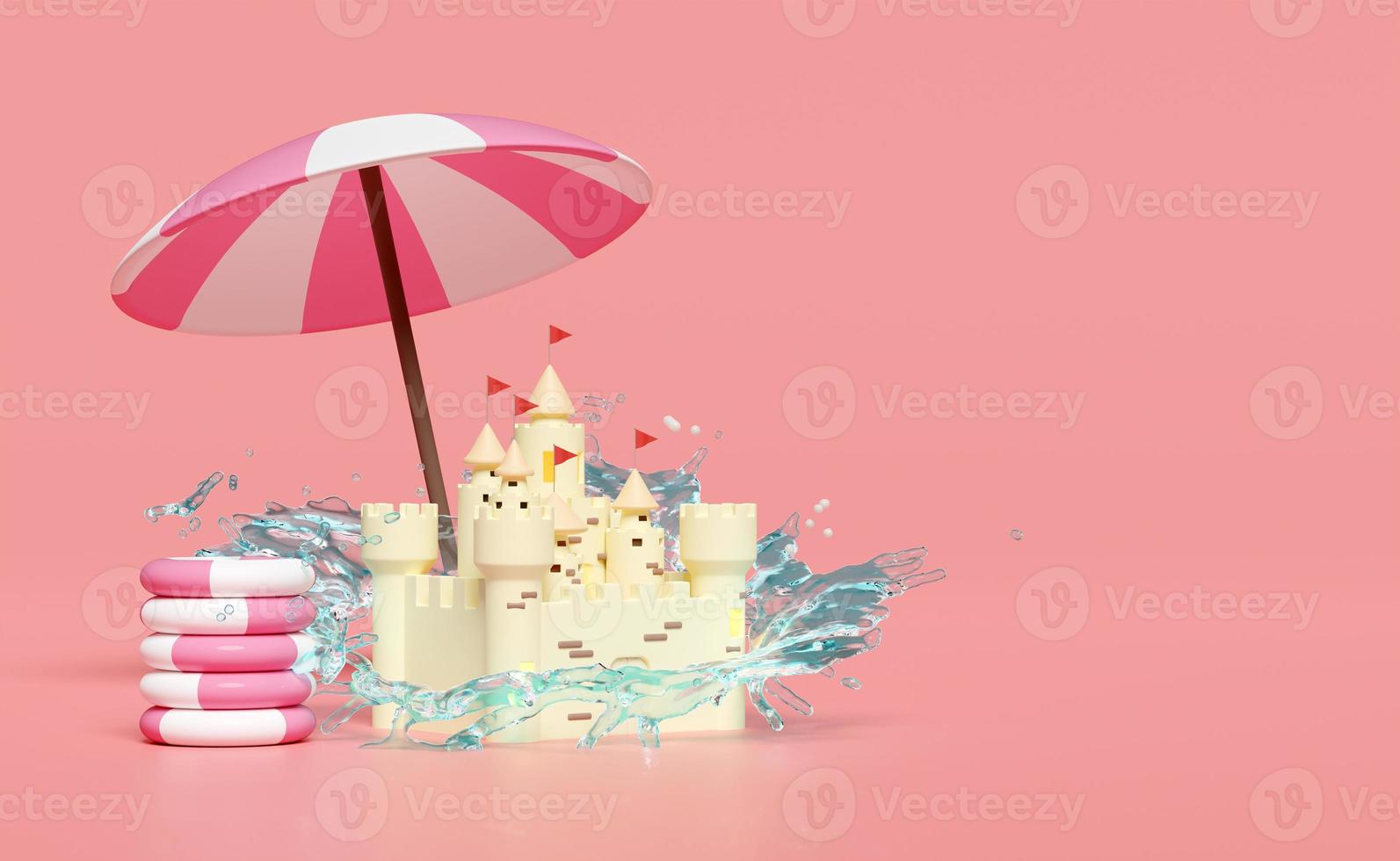 3d summer sea beach with sand castle, umbrella, pile of stacked lifebuoy, water splash isolated on pink background. summer travel concept, 3d render illustration photo