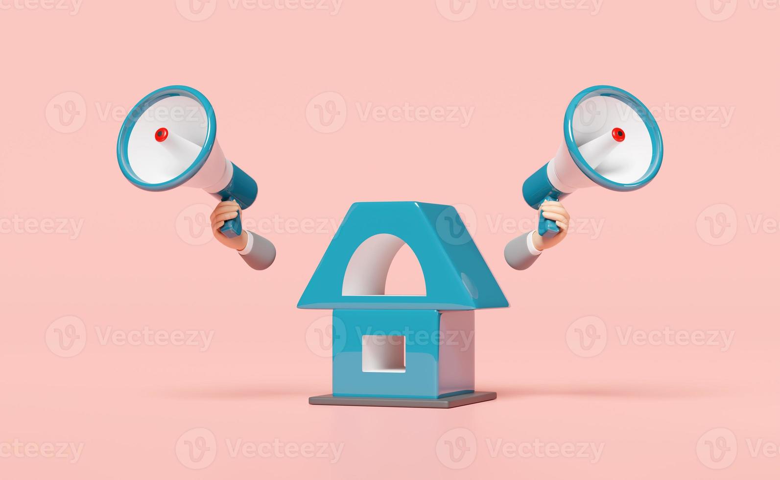 3d house with megaphone, hand speaker isolated on pink background. discount sales icon, promotion news for social media networks, business goal concept, 3d render illustration, clipping path photo