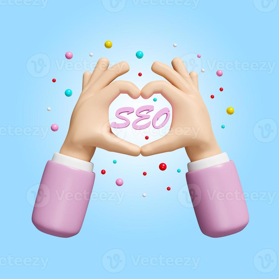 3D SEO, Search Engine Optimization with person hands making a heart shape isolated on blue background. online social love concept, 3d render illustration, clipping path photo