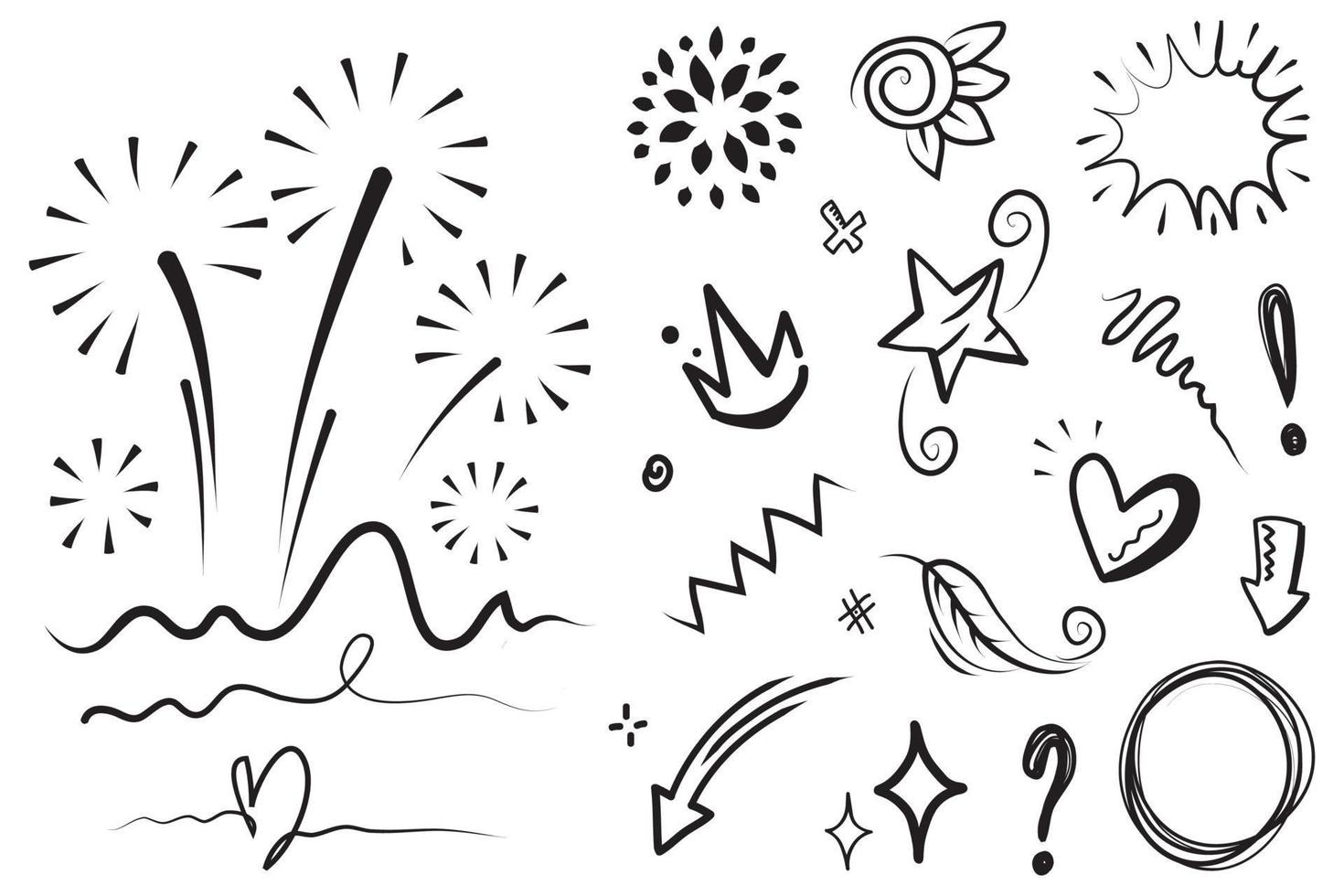 Abstract arrows, ribbons, fireworks, hearts, lightning,love , leaf, stars, cone, crowns and other elements in a hand drawn style for concept designs. Scribble illustration. vector