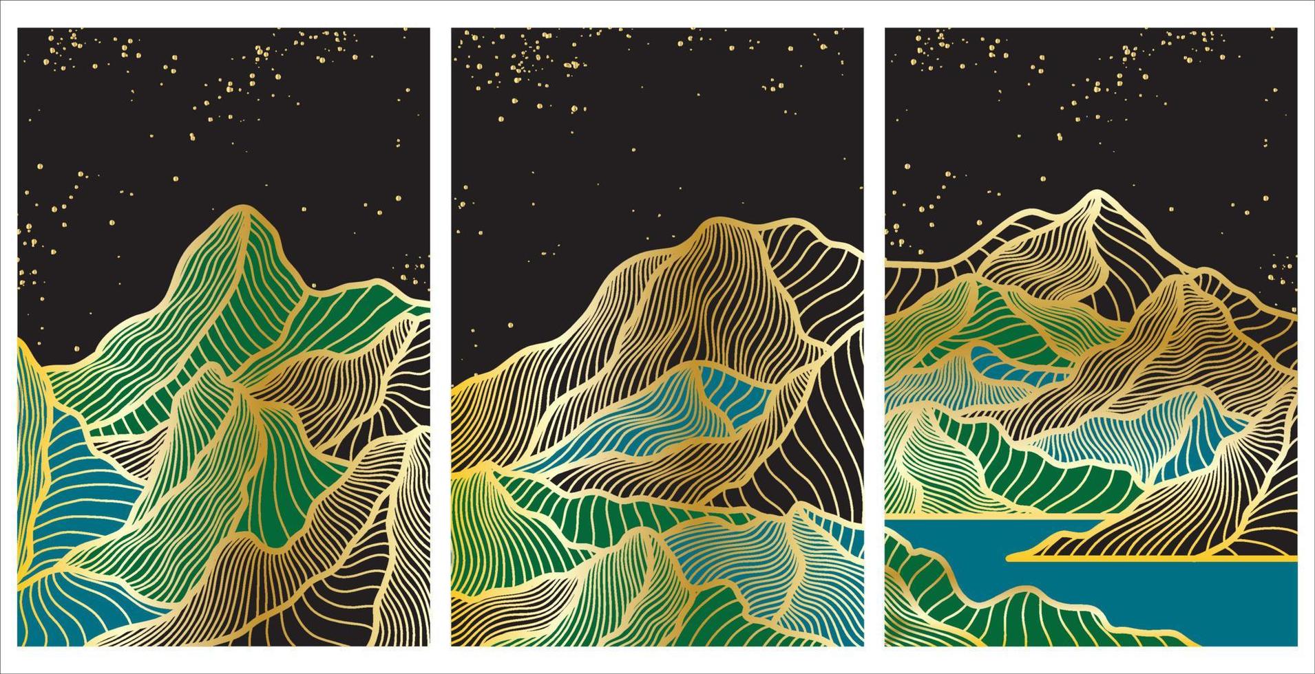 Gold mountain wallpaper design with landscape art, luxury gold background design for cover, black background, packaging design, wall art, fabric and print. Vector illustration.